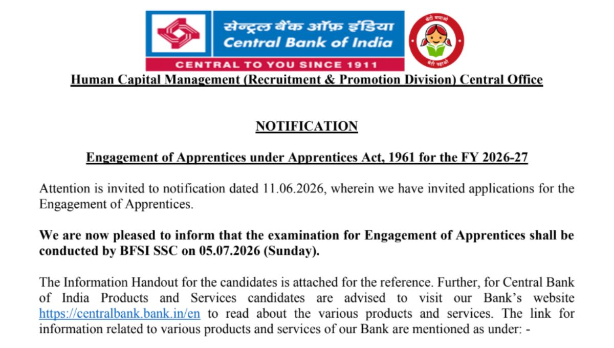 Central Bank of India Apprentice Exam 2026